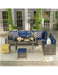 Outsunny 7-Seater Patio wicker Sofa Set Rattan Chair Furniture w/ Glass & Cushioned, Dark Blue 2