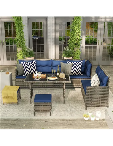 Outsunny 7-Seater Patio wicker Sofa Set Rattan Chair Furniture w/ Glass & Cushioned, Dark Blue