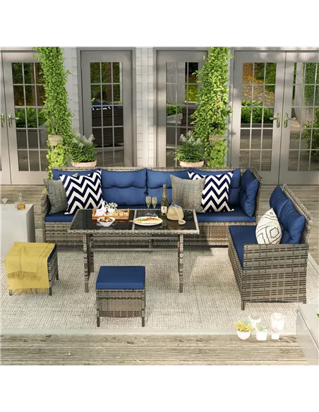 Outsunny 7-Seater Patio wicker Sofa Set Rattan Chair Furniture w/ Glass & Cushioned, Dark Blue