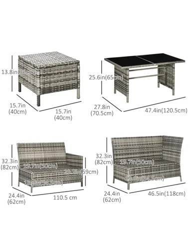 Outsunny 7-Seater Patio wicker Sofa Set Rattan Chair Furniture w/ Glass & Cushioned, Dark Blue