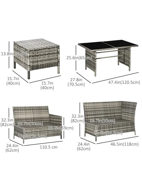 Outsunny 7-Seater Patio wicker Sofa Set Rattan Chair Furniture w/ Glass & Cushioned, Dark Blue