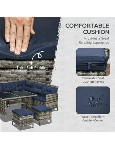 Outsunny 7-Seater Patio wicker Sofa Set Rattan Chair Furniture w/ Glass & Cushioned, Dark Blue