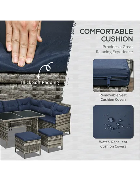 Outsunny 7-Seater Patio wicker Sofa Set Rattan Chair Furniture w/ Glass & Cushioned, Dark Blue