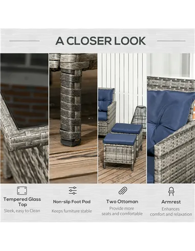 Outsunny 7-Seater Patio wicker Sofa Set Rattan Chair Furniture w/ Glass & Cushioned, Dark Blue