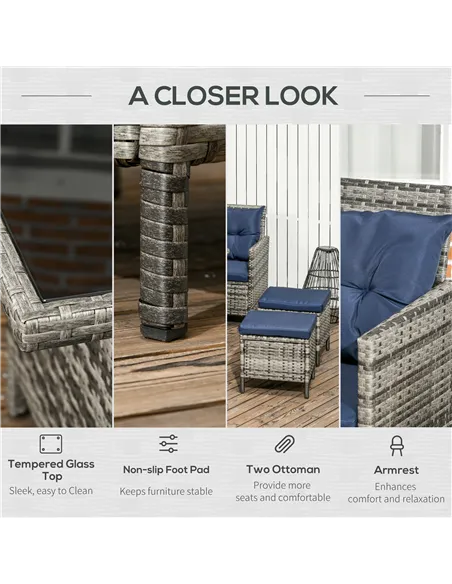 Outsunny 7-Seater Patio wicker Sofa Set Rattan Chair Furniture w/ Glass & Cushioned, Dark Blue