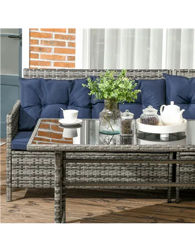 Outsunny 7-Seater Patio wicker Sofa Set Rattan Chair Furniture w/ Glass & Cushioned, Dark Blue