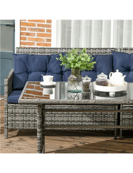 Outsunny 7-Seater Patio wicker Sofa Set Rattan Chair Furniture w/ Glass & Cushioned, Dark Blue