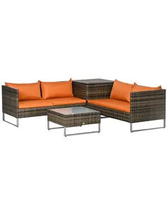 Outsunny Four-Piece Rattan Sofa Set, with Storage Table - Orange/Brown