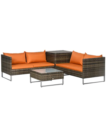 Outsunny Four-Piece Rattan Sofa Set, with Storage Table - Orange/Brown