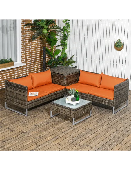 Outsunny Four-Piece Rattan Sofa Set, with Storage Table - Orange/Brown