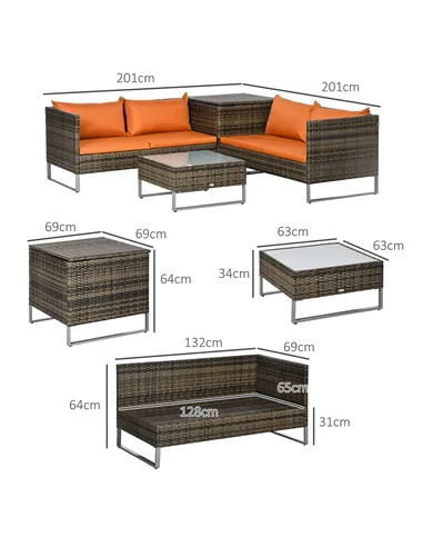 Outsunny Four-Piece Rattan Sofa Set, with Storage Table - Orange/Brown