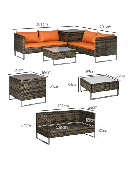 Outsunny Four-Piece Rattan Sofa Set, with Storage Table - Orange/Brown
