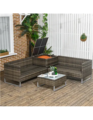 Outsunny Four-Piece Rattan Sofa Set, with Storage Table - Orange/Brown