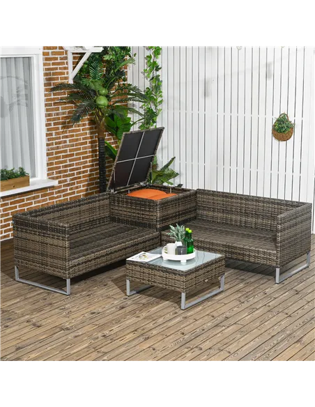 Outsunny Four-Piece Rattan Sofa Set, with Storage Table - Orange/Brown