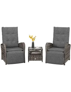 Outsunny 2 Seater Patio Rattan Chaise Lounge Sofa Set with Fabric Cushion, Grey and Brown