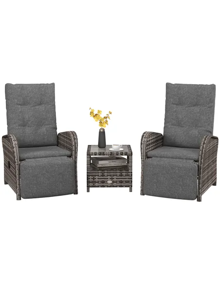 Outsunny 2 Seater Patio Rattan Chaise Lounge Sofa Set with Fabric Cushion, Grey and Brown