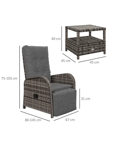 Outsunny 2 Seater Patio Rattan Chaise Lounge Sofa Set with Fabric Cushion, Grey and Brown