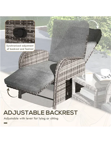 Outsunny 2 Seater Patio Rattan Chaise Lounge Sofa Set with Fabric Cushion, Grey and Brown