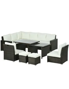 Outsunny Seven-Piece Rattan Garden Sofa Set, with Expanding Table - Cream White