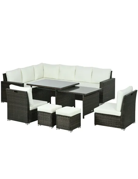 Outsunny Seven-Piece Rattan Garden Sofa Set, with Expanding Table - Cream White