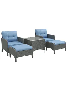 Outsunny 5 Pieces PE Rattan Garden Furniture Set, Wicker Outdoor Sofa Set w/ 2 Armchairs 2 Stools Glass Top Table Cushions, Blue
