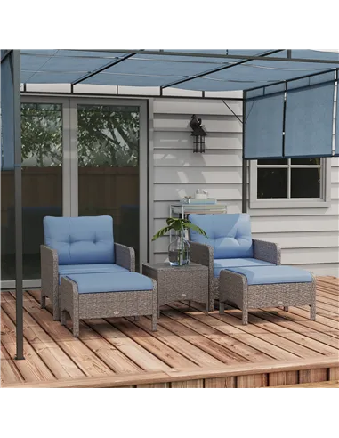 Outsunny 5 Pieces PE Rattan Garden Furniture Set, Wicker Outdoor Sofa Set w/ 2 Armchairs 2 Stools Glass Top Table Cushions, Blue