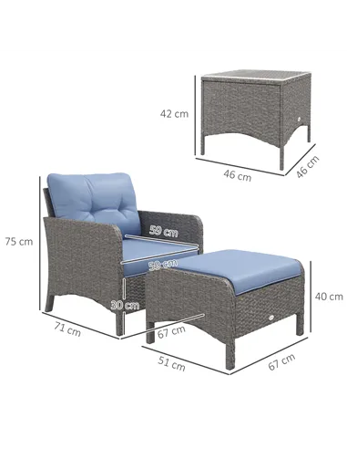 Outsunny 5 Pieces PE Rattan Garden Furniture Set, Wicker Outdoor Sofa Set w/ 2 Armchairs 2 Stools Glass Top Table Cushions, Blue