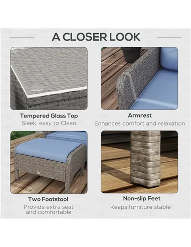 Outsunny 5 Pieces PE Rattan Garden Furniture Set, Wicker Outdoor Sofa Set w/ 2 Armchairs 2 Stools Glass Top Table Cushions, Blue