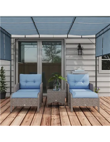 Outsunny 5 Pieces PE Rattan Garden Furniture Set, Wicker Outdoor Sofa Set w/ 2 Armchairs 2 Stools Glass Top Table Cushions, Blue