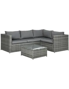 Outsunny 3 Pieces PE Rattan Garden Furniture Set with 10 cm Thick Cushions, 4 Seater Garden Corner Sofa Set with Glass Top Coffe