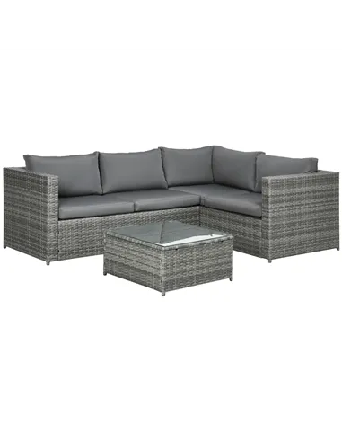 Outsunny 3 Pieces PE Rattan Garden Furniture Set with 10 cm Thick Cushions, 4 Seater Garden Corner Sofa Set with Glass Top Coffe