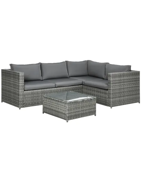 Outsunny 3 Pieces PE Rattan Garden Furniture Set with 10 cm Thick Cushions, 4 Seater Garden Corner Sofa Set with Glass Top Coffe