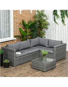Outsunny 3 Pieces PE Rattan Garden Furniture Set with 10 cm Thick Cushions, 4 Seater Garden Corner Sofa Set with Glass Top Coffe 2