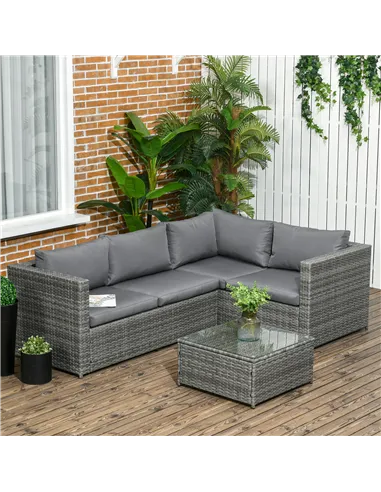 Outsunny 3 Pieces PE Rattan Garden Furniture Set with 10 cm Thick Cushions, 4 Seater Garden Corner Sofa Set with Glass Top Coffe