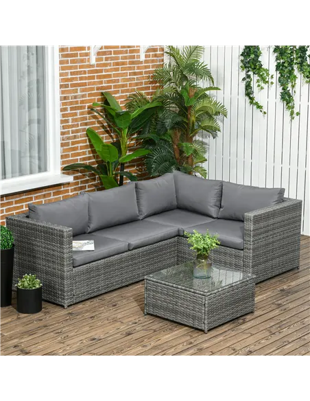 Outsunny 3 Pieces PE Rattan Garden Furniture Set with 10 cm Thick Cushions, 4 Seater Garden Corner Sofa Set with Glass Top Coffe
