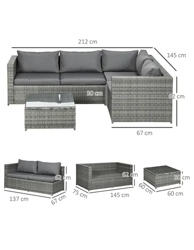 Outsunny 3 Pieces PE Rattan Garden Furniture Set with 10 cm Thick Cushions, 4 Seater Garden Corner Sofa Set with Glass Top Coffe