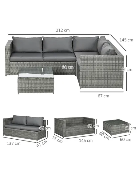 Outsunny 3 Pieces PE Rattan Garden Furniture Set with 10 cm Thick Cushions, 4 Seater Garden Corner Sofa Set with Glass Top Coffe