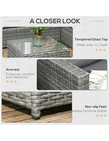 Outsunny 3 Pieces PE Rattan Garden Furniture Set with 10 cm Thick Cushions, 4 Seater Garden Corner Sofa Set with Glass Top Coffe