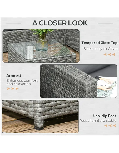 Outsunny 3 Pieces PE Rattan Garden Furniture Set with 10 cm Thick Cushions, 4 Seater Garden Corner Sofa Set with Glass Top Coffe