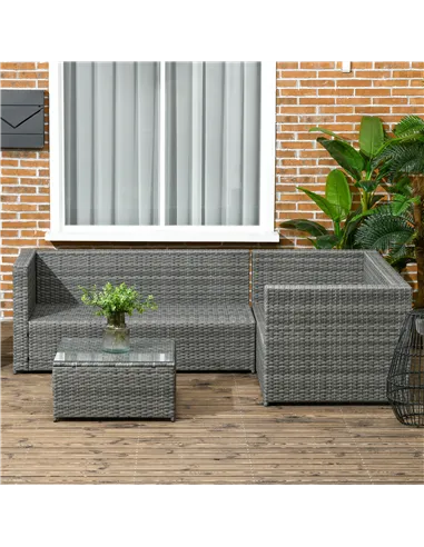 Outsunny 3 Pieces PE Rattan Garden Furniture Set with 10 cm Thick Cushions, 4 Seater Garden Corner Sofa Set with Glass Top Coffe