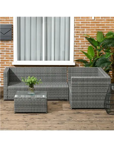 Outsunny 3 Pieces PE Rattan Garden Furniture Set with 10 cm Thick Cushions, 4 Seater Garden Corner Sofa Set with Glass Top Coffe