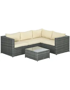 Outsunny 3 Pieces PE Rattan Garden Furniture Set with 10 cm Thick Cushions, 4 Seater Garden Corner Sofa Set with Glass Top Coffe