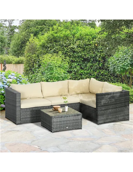 Outsunny 3 Pieces PE Rattan Garden Furniture Set with 10 cm Thick Cushions, 4 Seater Garden Corner Sofa Set with Glass Top Coffe