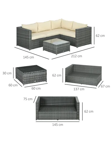 Outsunny 3 Pieces PE Rattan Garden Furniture Set with 10 cm Thick Cushions, 4 Seater Garden Corner Sofa Set with Glass Top Coffe