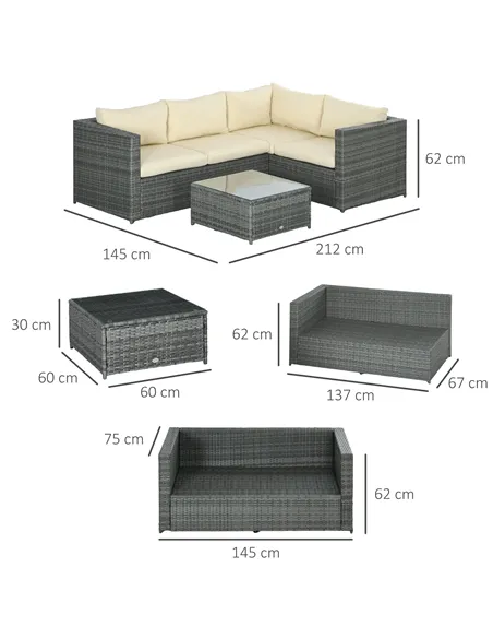 Outsunny 3 Pieces PE Rattan Garden Furniture Set with 10 cm Thick Cushions, 4 Seater Garden Corner Sofa Set with Glass Top Coffe