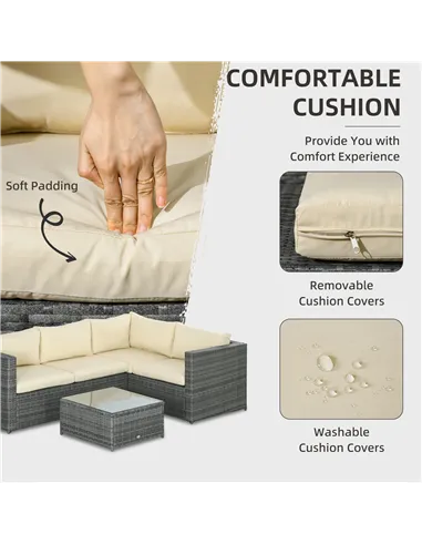 Outsunny 3 Pieces PE Rattan Garden Furniture Set with 10 cm Thick Cushions, 4 Seater Garden Corner Sofa Set with Glass Top Coffe