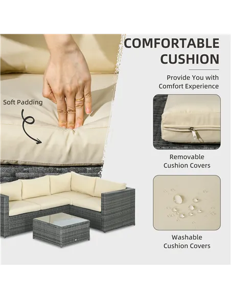 Outsunny 3 Pieces PE Rattan Garden Furniture Set with 10 cm Thick Cushions, 4 Seater Garden Corner Sofa Set with Glass Top Coffe