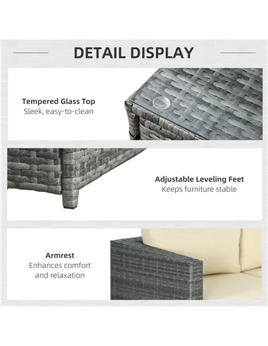 Outsunny 3 Pieces PE Rattan Garden Furniture Set with 10 cm Thick Cushions, 4 Seater Garden Corner Sofa Set with Glass Top Coffe