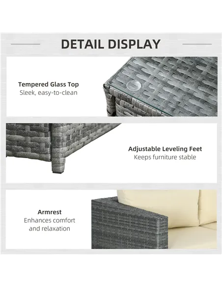 Outsunny 3 Pieces PE Rattan Garden Furniture Set with 10 cm Thick Cushions, 4 Seater Garden Corner Sofa Set with Glass Top Coffe