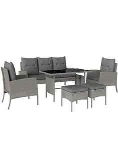Outsunny 5 Seater Rattan Garden Furniture Set, 2 Armchairs, 3-Seater Wicker Sofa, 2 Footstools and Glass Table, 6 Piece Patio Ra